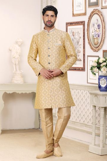 Beige Color Charming Banarasi Jacquard Fabric Readymade Indo Western For Men