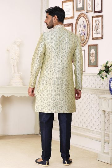 Blazing Sea Green Color Banarasi Jacquard Fabric Readymade Indo Western For Men