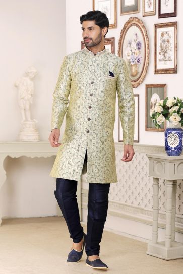 Blazing Sea Green Color Banarasi Jacquard Fabric Readymade Indo Western For Men