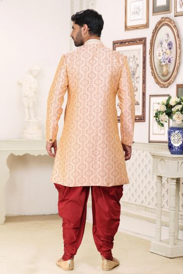 Banarasi Jacquard Fabric Peach Color Designer Readymade Indo Western For Men