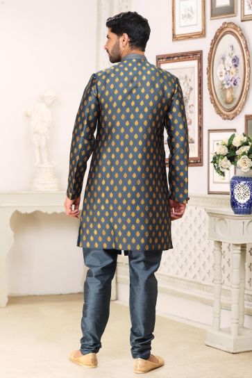 Incredible Banarasi Jacquard Fabric Navy Blue Color Readymade Indo Western For Men