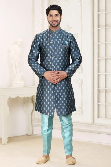 Soothing Banarasi Jacquard Fabric Navy Blue Color Readymade Indo Western For Men