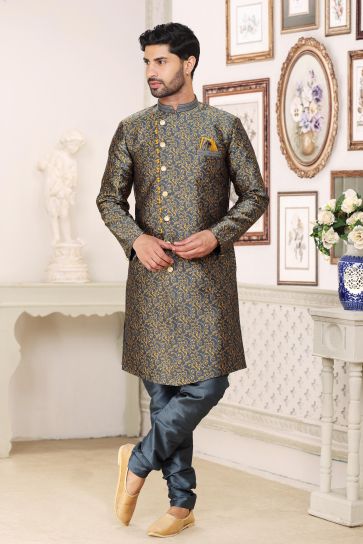 Aristocratic Grey Color Banarasi Jacquard Fabric Readymade Indo Western For Men