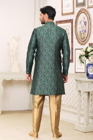 Elegant Dark Green Color Banarasi Jacquard Fabric Readymade Indo Western For Men