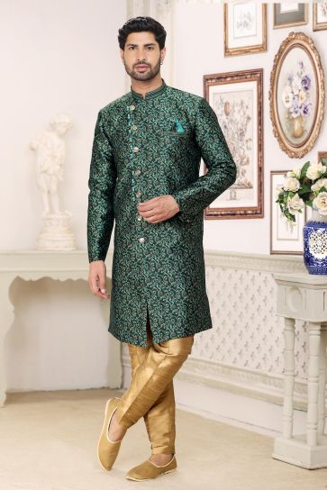 Elegant Dark Green Color Banarasi Jacquard Fabric Readymade Indo Western For Men