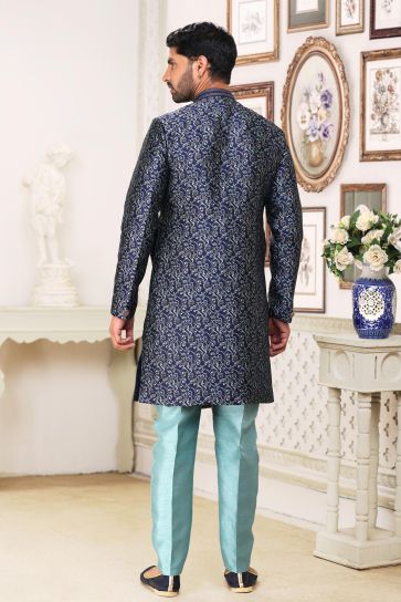 Royal Banarasi Jacquard Fabric Navy Blue Color Readymade Indo Western For Men