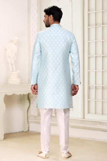 Light Cyan Color Banarasi Jacquard Fabric Special Readymade Indo Western For Men