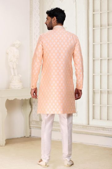 Banarasi Jacquard Fabric Bewitching Readymade Indo Western For Men In Peach Color
