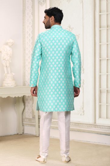 Cyan Color Banarasi Jacquard Fabric Coveted Readymade Indo Western For Men