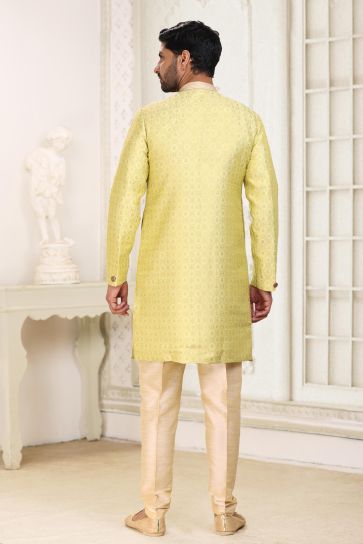 Banarasi Jacquard Fabric Yellow Color Riveting Readymade Indo Western For Men