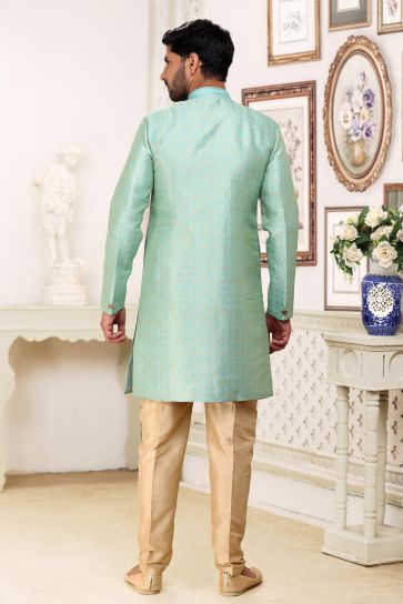 Banarasi Jacquard Fabric Sea Green Color Excellent Readymade Indo Western For Men