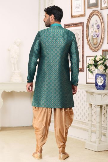 Teal Color Banarasi Jacquard Fabric Attractive Readymade Indo Western For Men