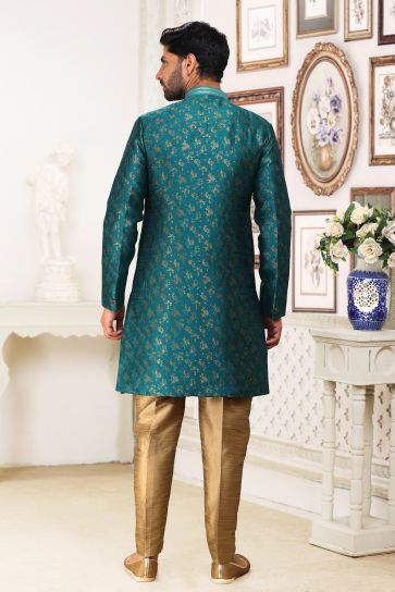 Teal Color Banarasi Jacquard Fabric Engaging Readymade Indo Western For Men