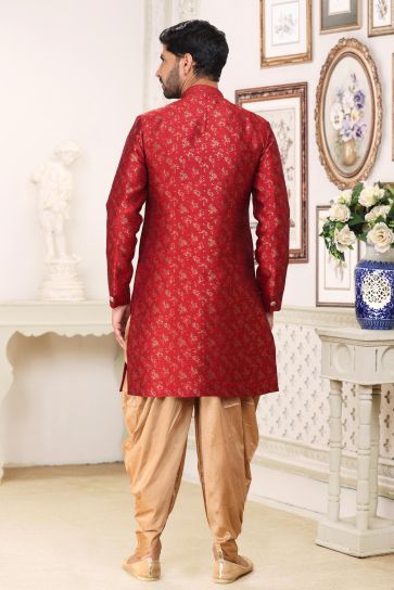 Maroon Color Trendy Readymade Indo Western For Men In Banarasi Jacquard Fabric