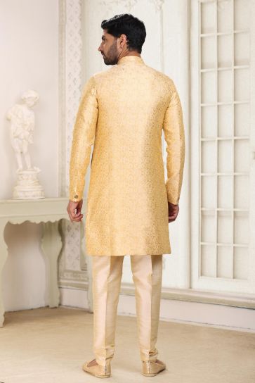 Creative Beige Color Banarasi Jacquard Fabric Wedding Function Readymade Designer Indo Western For Men