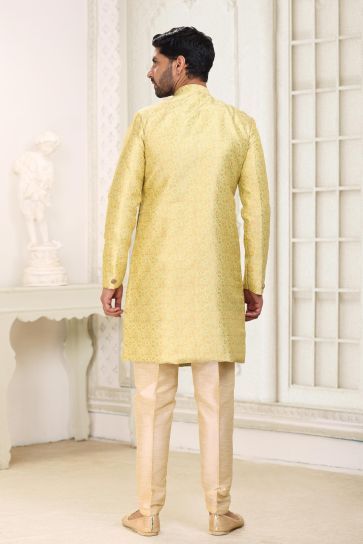 Excellent Banarasi Jacquard Fabric Yellow Color Readymade Indo Western For Men