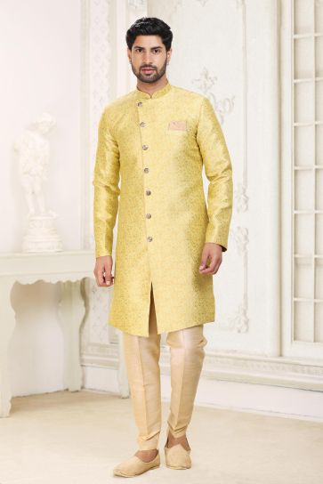 Excellent Banarasi Jacquard Fabric Yellow Color Readymade Indo Western For Men