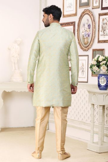 Sea Green Color Banarasi Jacquard Fabric Stunning Readymade Indo Western For Men