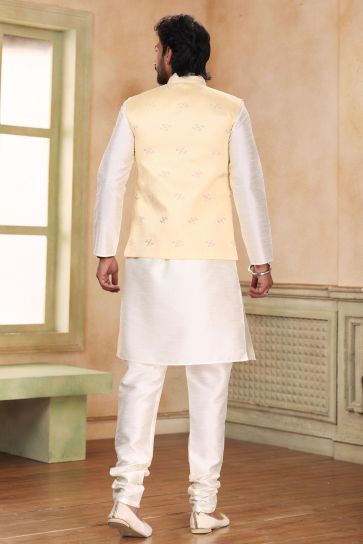 Fascinate Banarasi Art Silk Fabric 3 Piece Jacket Set For Men In Yellow Color