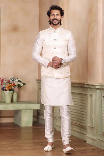 Remarkable Cream Color Banarasi Art Silk Fabric 3 Piece Jacket Set For Men