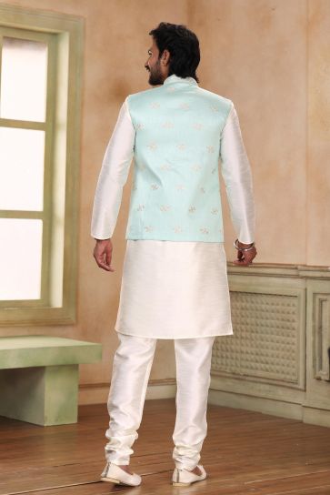 Sober Banarasi Art Silk Fabric 3 Piece Jacket Set In Sea Green Color