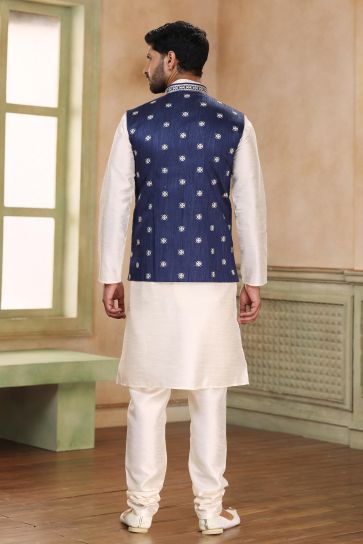 Graceful Navy Blue Color Banarasi Art Silk Fabric Readymade 3 Piece Jacket Set For Men