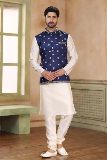 Graceful Navy Blue Color Banarasi Art Silk Fabric Readymade 3 Piece Jacket Set For Men