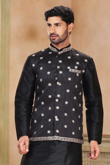 Black Color Banarasi Art Silk Fabric Magnificent 3 Piece Jacket Set For Men