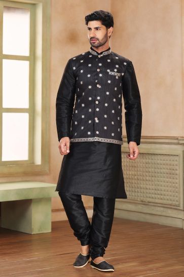Black Color Banarasi Art Silk Fabric Magnificent 3 Piece Jacket Set For Men