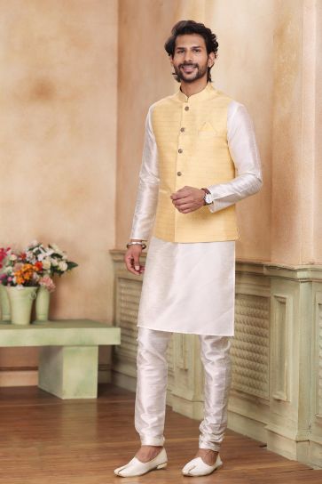 Banarasi Art Silk Fabric Readymade 3 Piece Jacket Set For Men In Artistic Yellow Color