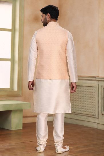 Trendy Textured Peach Color Banarasi Art Silk Fabric 3 Piece Jacket Set For Men