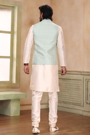 Intriguing Sea Green Color Readymade 3 Piece Jacket Set For Men In Banarasi Art Silk Fabric