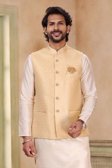 Readymade Beige Color Banarasi Art Silk Fabric Royal 3 Piece Jacket Set For Men