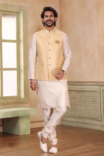 Readymade Beige Color Banarasi Art Silk Fabric Royal 3 Piece Jacket Set For Men