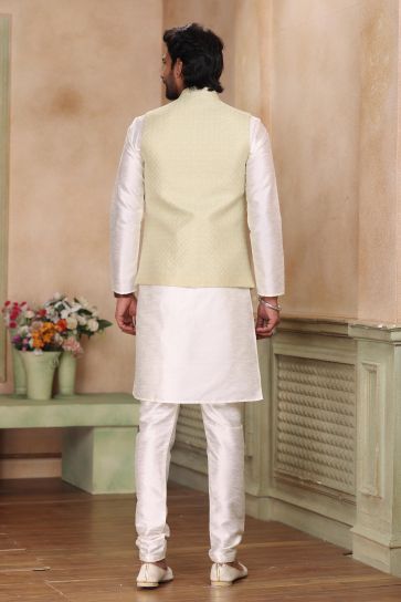 Sea Green Color Banarasi Art Silk Fabric Engrossing 3 Piece Jacket Set For Men