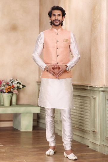 Peach Color Readymade Provocative 3 Piece Jacket Set For Men In Banarasi Art Silk Fabric