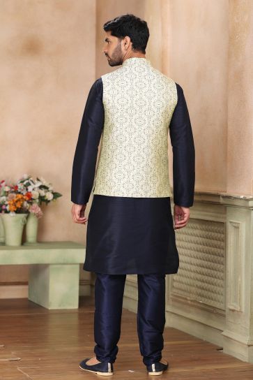Banarasi Art Silk Fabric Stylish Readymade 3 Piece Jacket Set For Men In Cream Color
