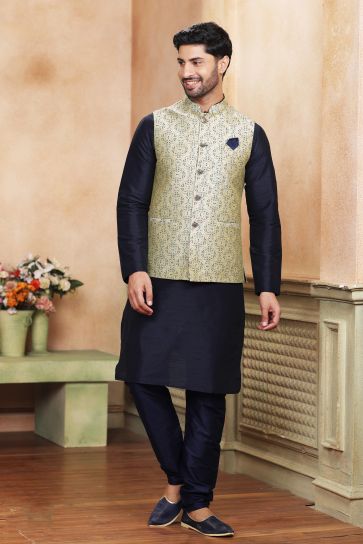 Banarasi Art Silk Fabric Stylish Readymade 3 Piece Jacket Set For Men In Cream Color