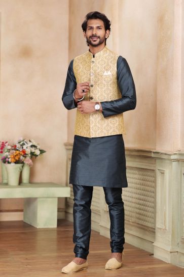 Engaging Beige Color Banarasi Art Silk Fabric Readymade 3 Piece Jacket Set For Men