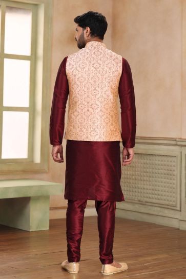 Enriching Peach Color Banarasi Art Silk Fabric 3 Piece Jacket Set For Men