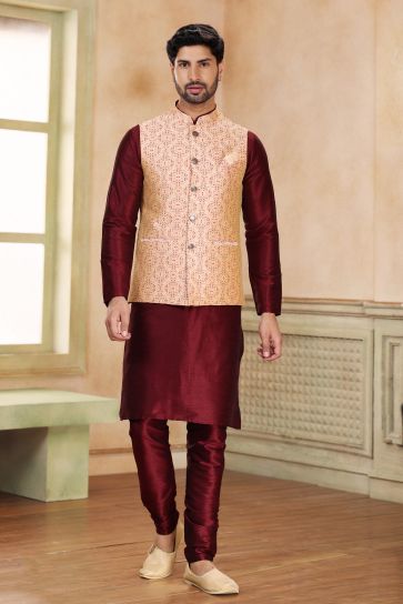 Enriching Peach Color Banarasi Art Silk Fabric 3 Piece Jacket Set For Men
