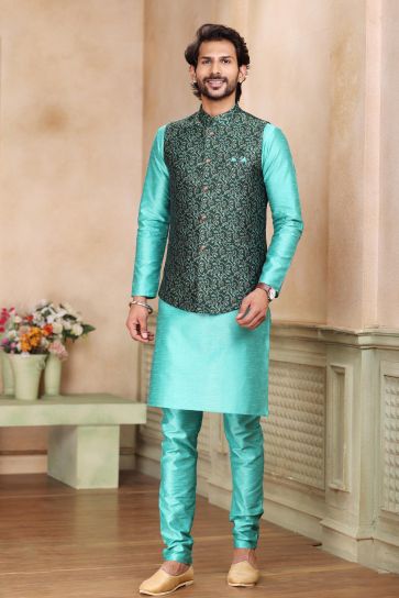 Extravagant Dark Green Color Banarasi Art Silk Fabric Readymade 3 Piece Jacket Set For Men