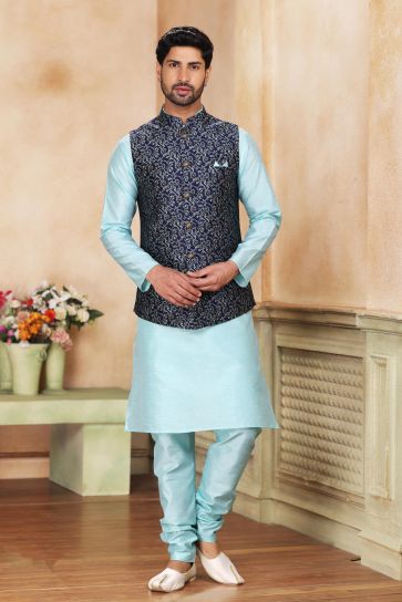 Adorning Navy Blue Color Banarasi Art Silk Fabric 3 Piece Jacket Set For Men