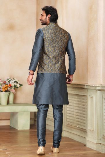 Mesmeric Grey Color Banarasi Art Silk Fabric 3 Piece Jacket Set For Men