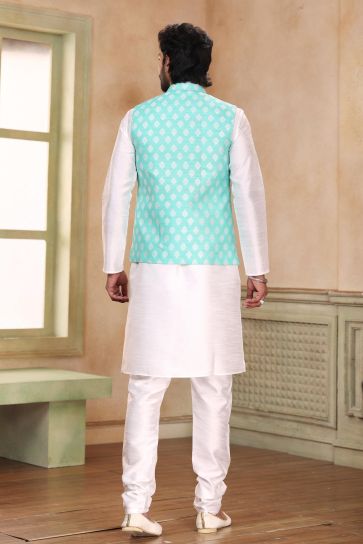 Cyan Color Banarasi Art Silk Fabric Trendy Function Wear 3 Piece Jacket Kurta Pyjama