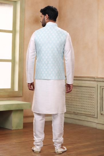 Banarasi Art Silk Fabric Light Cyan Color Lavish Function Wear 3 Piece Jacket Kurta Pyjama