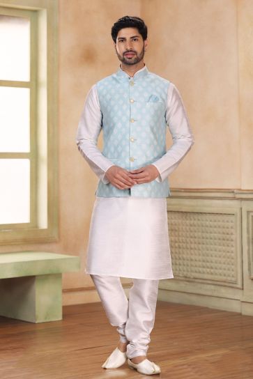 Banarasi Art Silk Fabric Light Cyan Color Lavish Function Wear 3 Piece Jacket Kurta Pyjama