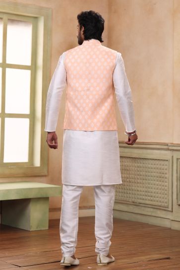 Magnificent Function Wear Banarasi Art Silk Fabric Peach Color 3 Piece Jacket Kurta Pyjama