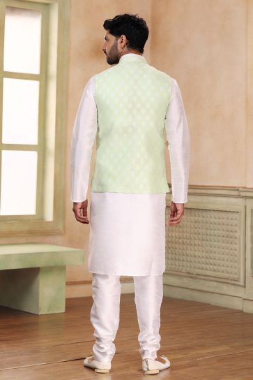Sea Green Color Function Wear Splendid 3 Piece Jacket Kurta Pyjama In Banarasi Art Silk Fabric