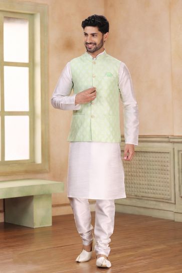 Sea Green Color Function Wear Splendid 3 Piece Jacket Kurta Pyjama In Banarasi Art Silk Fabric